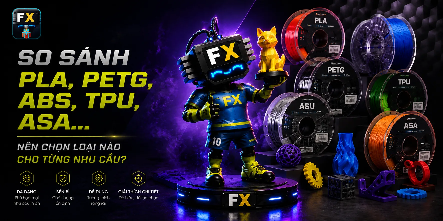 So sánh các loại nhựa in 3D: PLA, PETG, ABS, TPU, ASA — ForgeX Studio