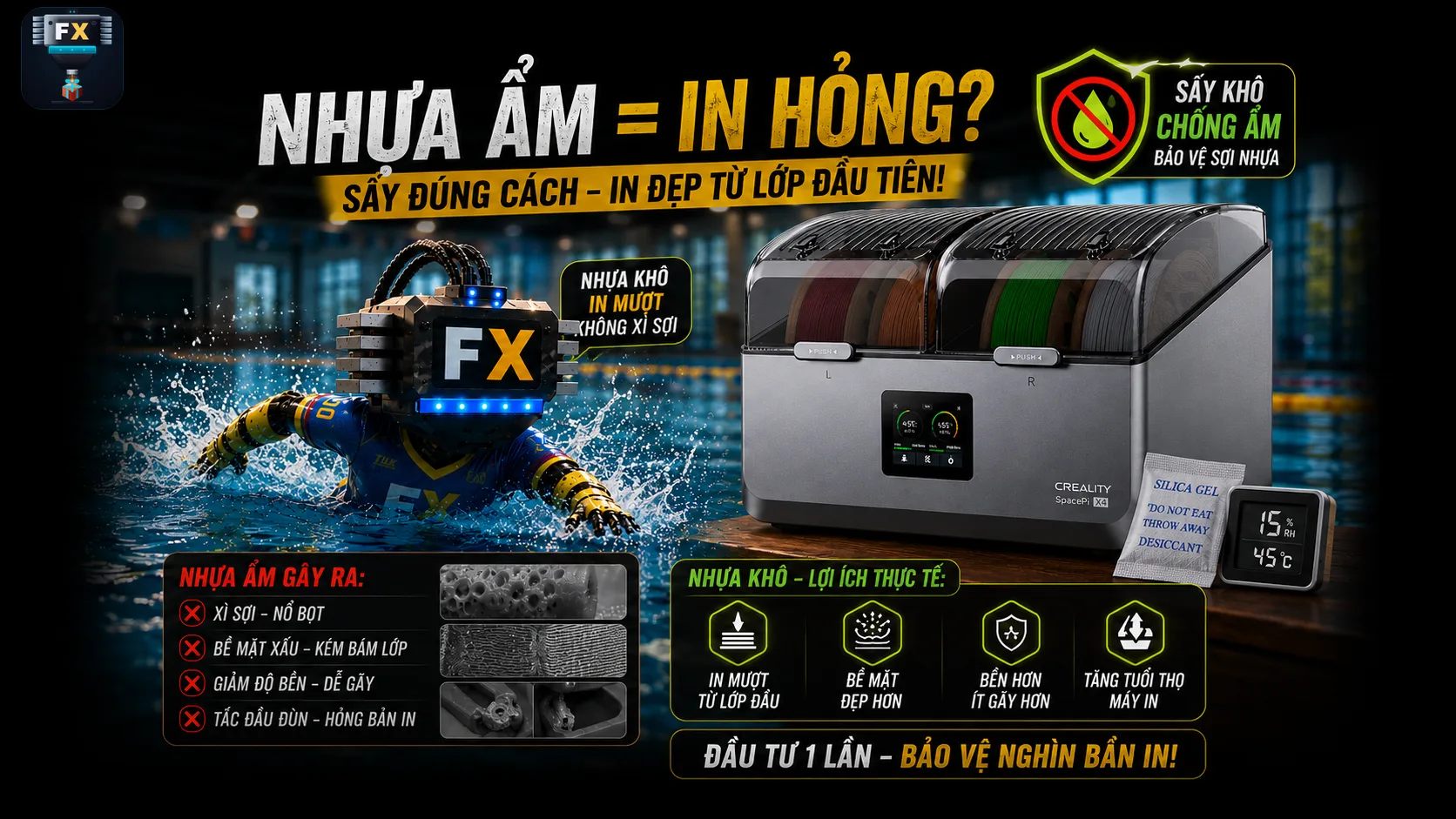 Nhựa ẩm = in hỏng — cách sấy nhựa in 3D