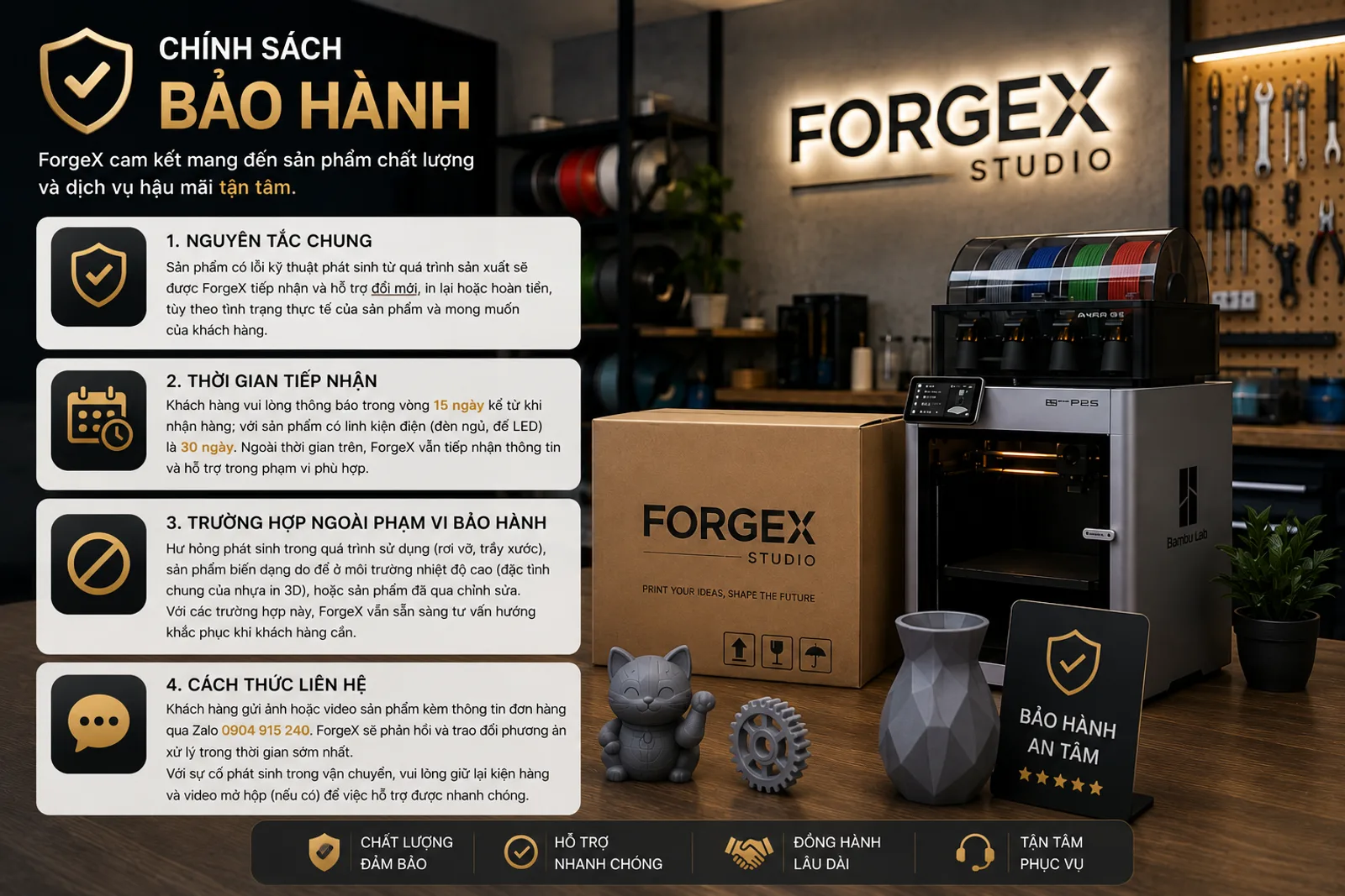 Infographic chính sách bảo hành ForgeX Studio