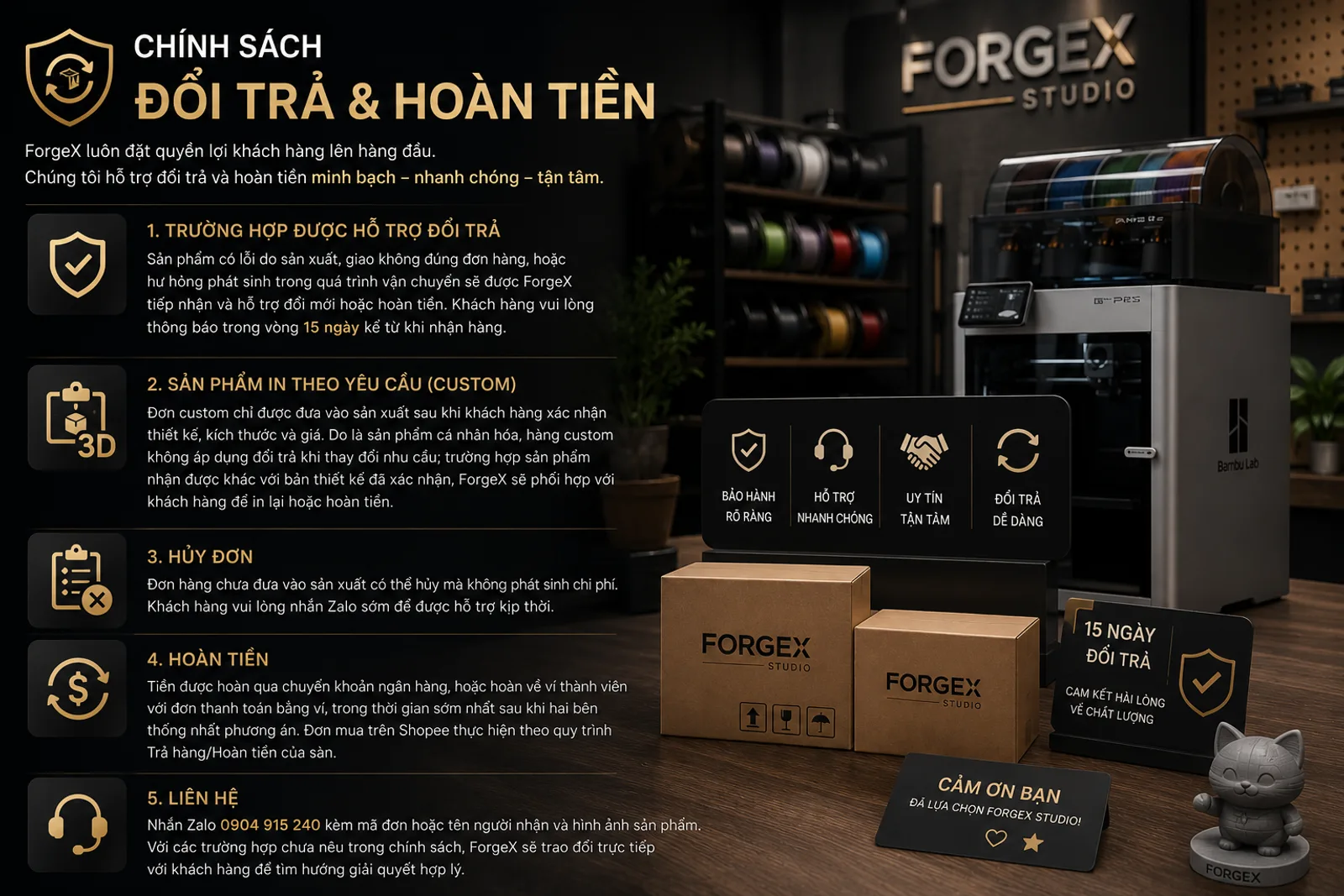 Infographic chính sách đổi trả và hoàn tiền ForgeX Studio