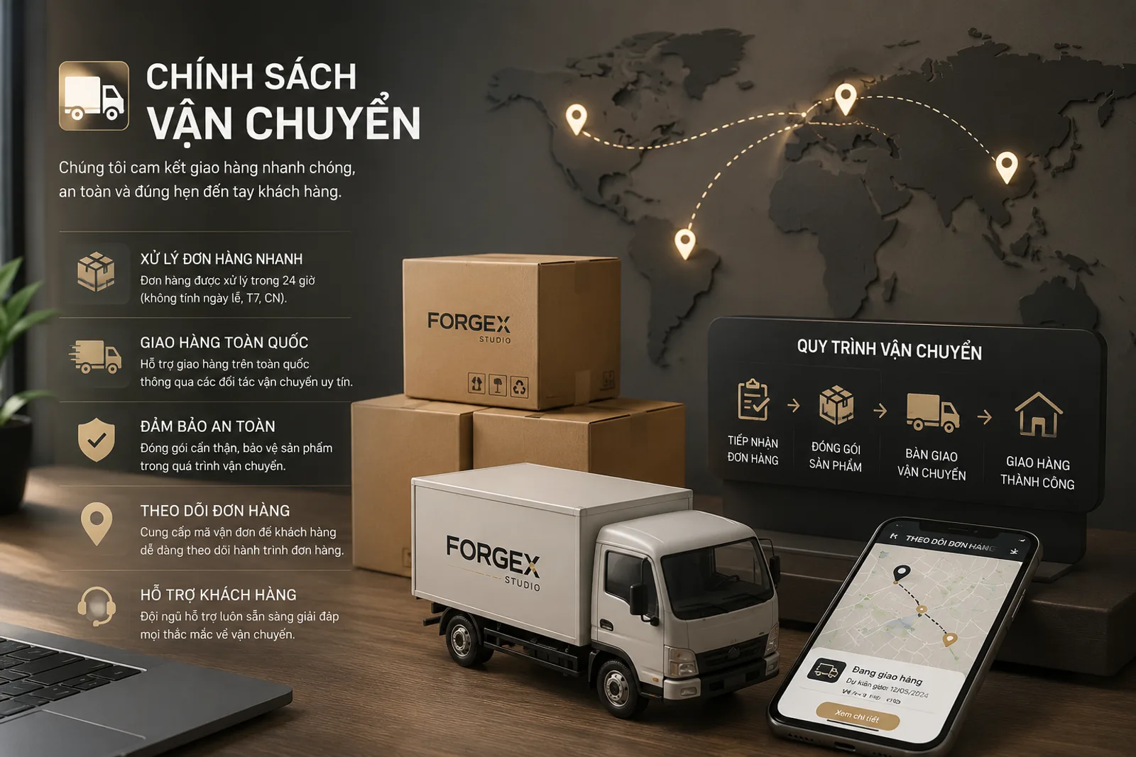 Infographic chính sách vận chuyển ForgeX Studio